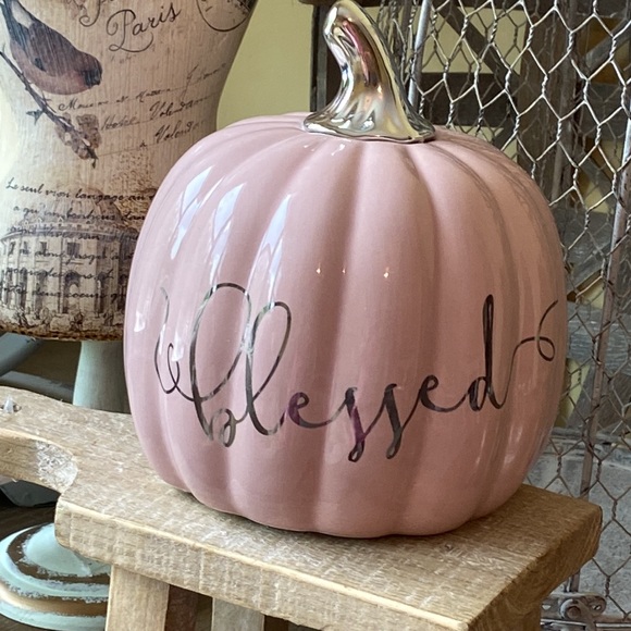 Other - 🆕 Shabby Chic Farmhouse Autumn Harvest Mauve & Silver Ceramic Blessed Pumpkin